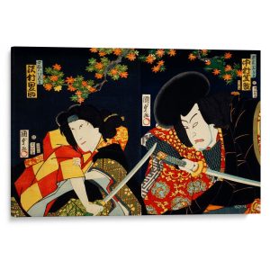 A Traditional Japanese Ukyioe Of Two Actors With A Samurai Sword 1835 Canvas Wall Art by Toyohara Kunichika | CanvasJet.com