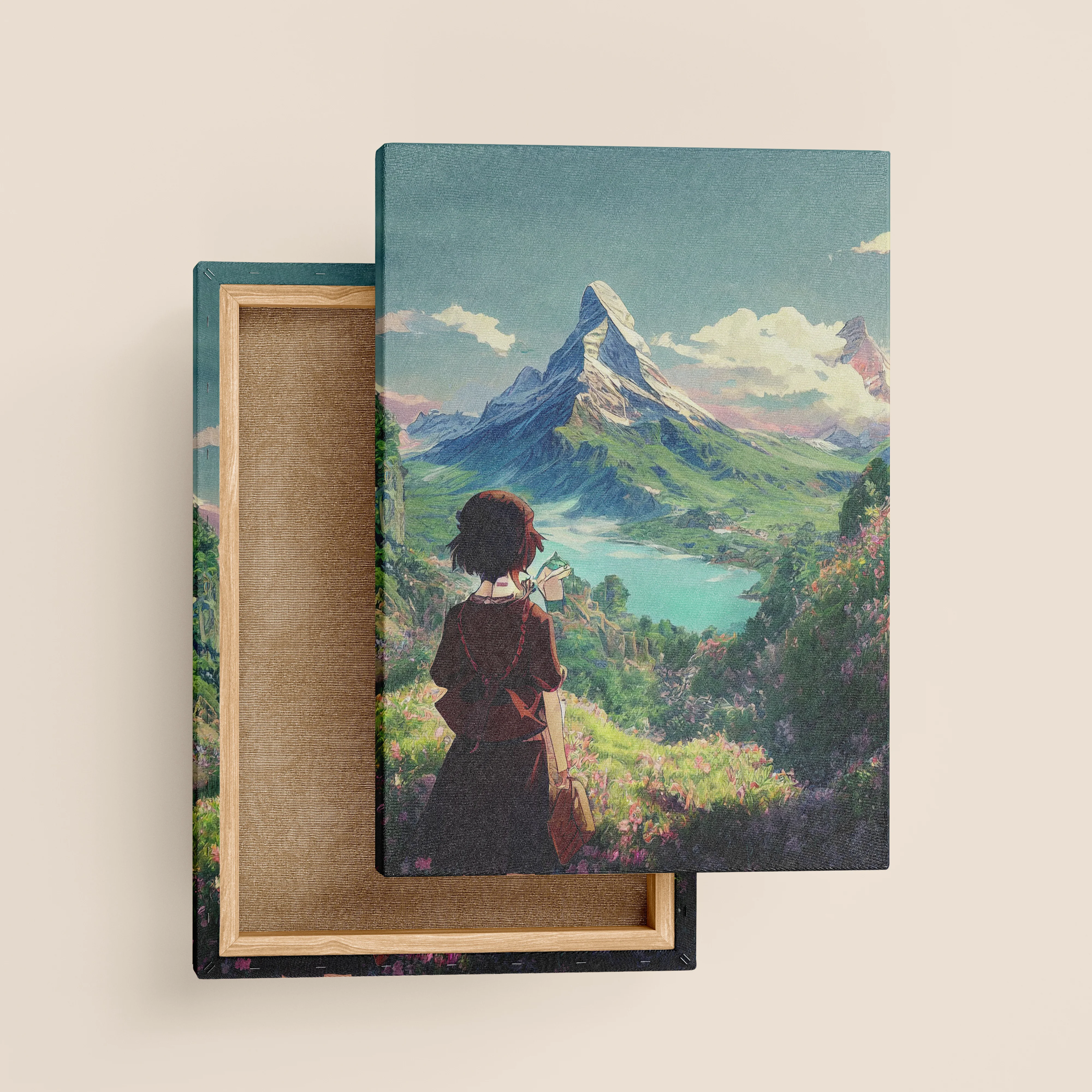 Stack of three books with mountain landscape covers, showing teal, beige, and black volumes stacked against a light background, artistically arranged.