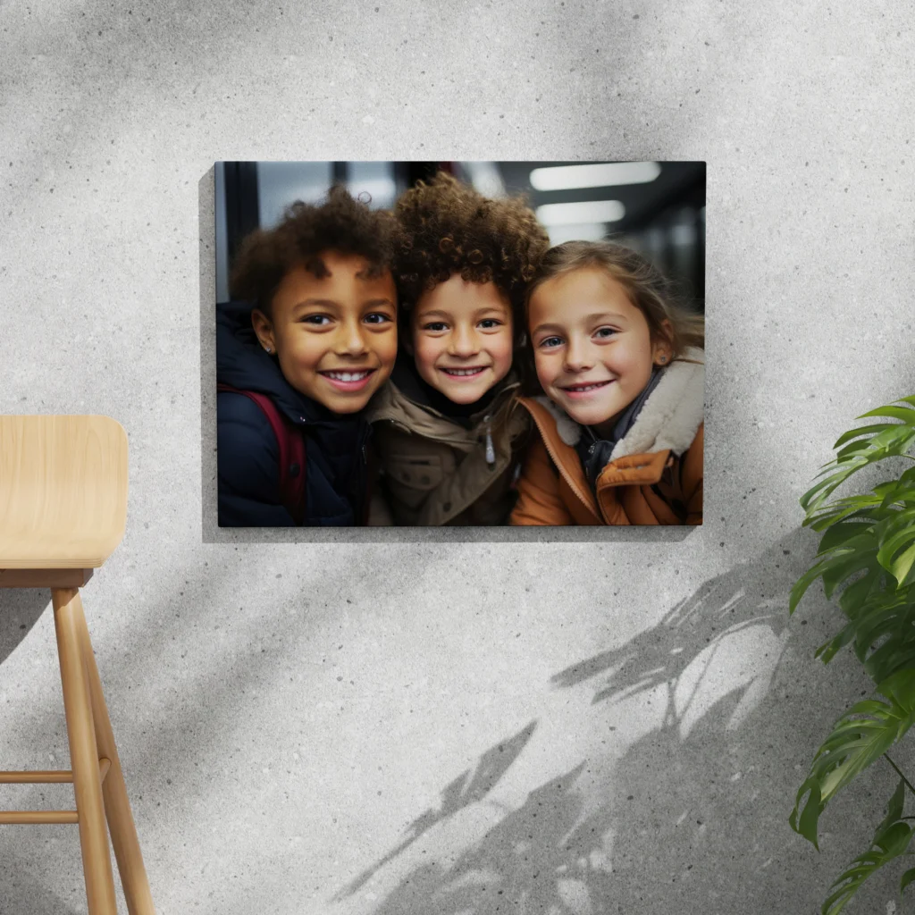 Three smiling children posing together for a photo, showing diversity in appearance.