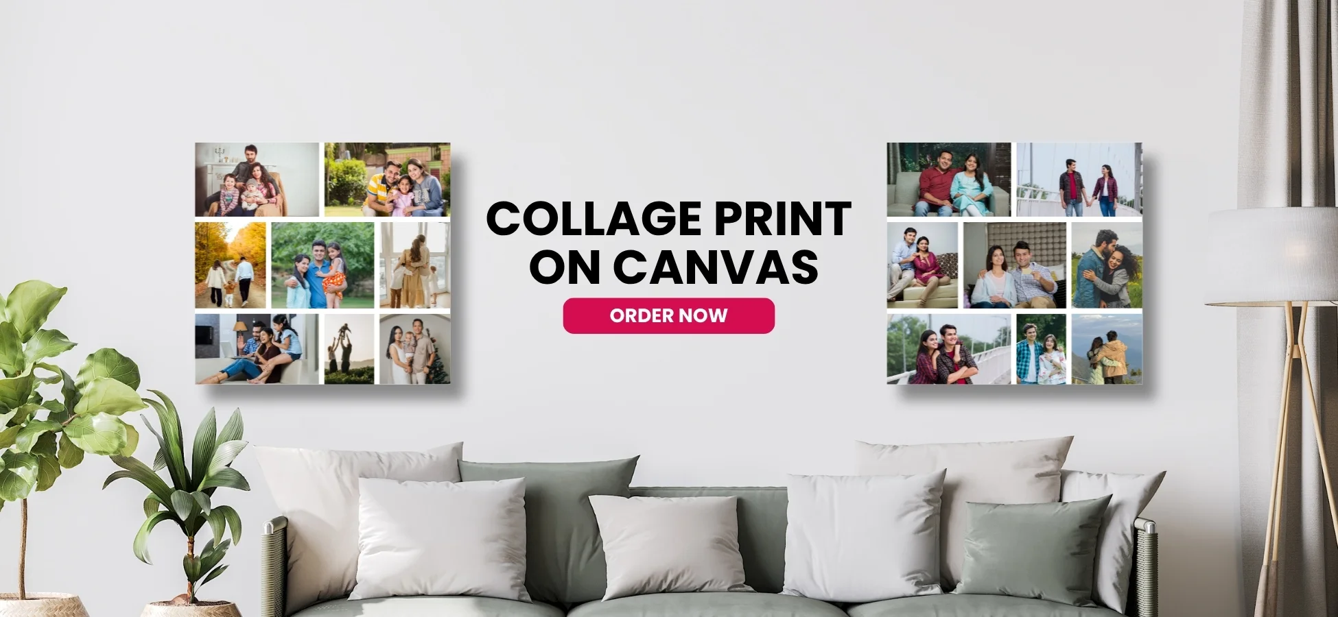 Banner in a living room advertising collage prints on canvas, with the central text 'COLLAGE PRINT ON CANVAS' and a pink 'ORDER NOW' button.