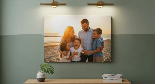 Custom canvas print of a family photo hanging on a stylish living room wall by CanvasJet