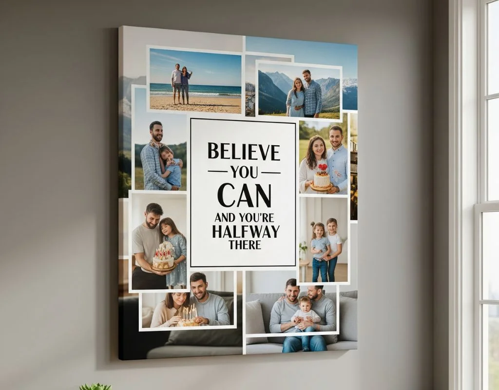 Canvas collage with photos and text BELIEVE YOU CAN AND YOURE HALFWAY THERE in a bright room by Canvasjet