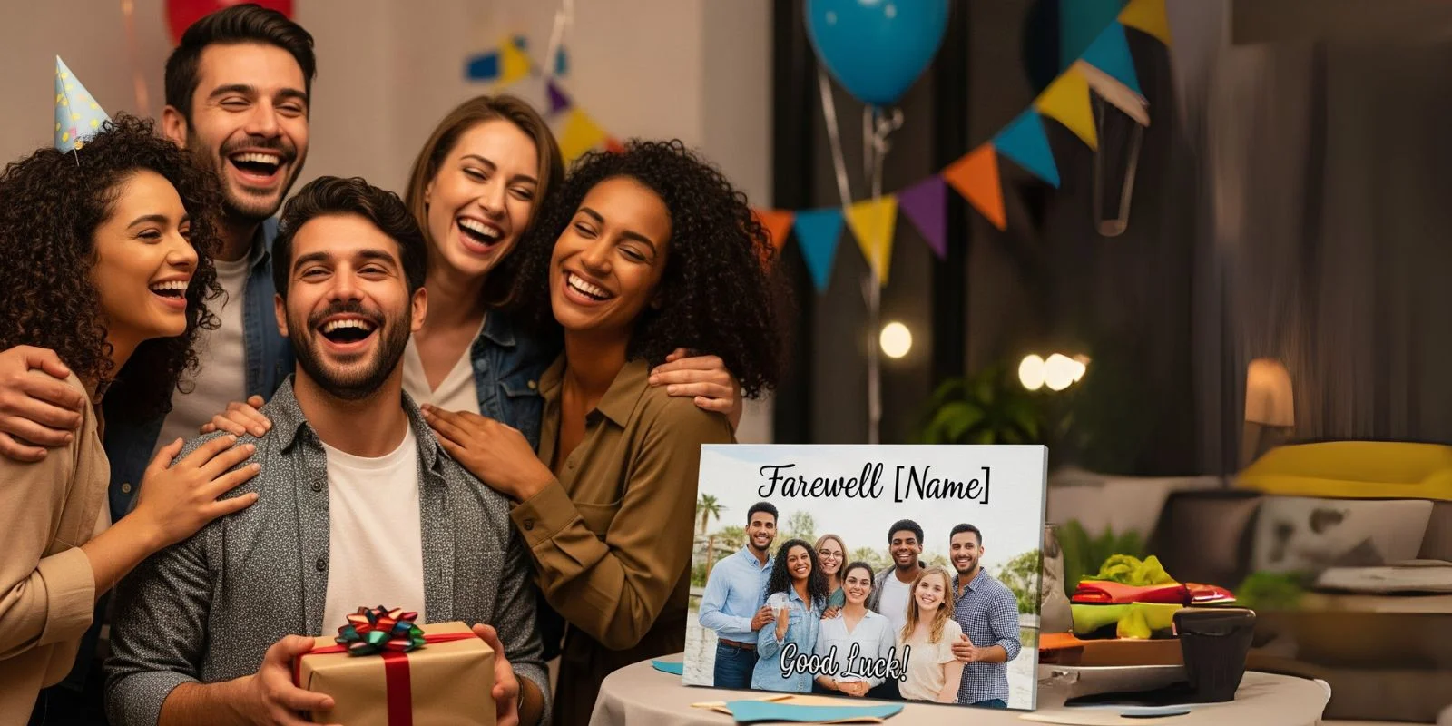 Diverse friends laugh at a Farewell party with a personalized photo canvas for Name on a table by CanvasJet