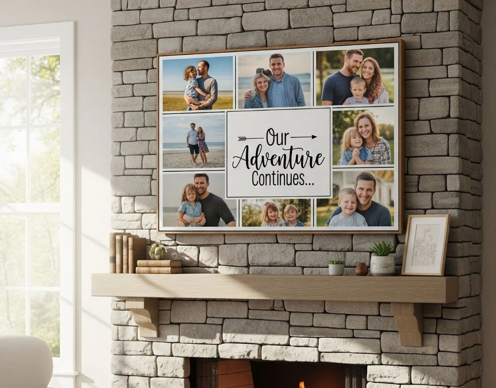 Family photo collage canvas Our Adventure Continues hangs over a fireplace in a cozy living room by CanvasJet