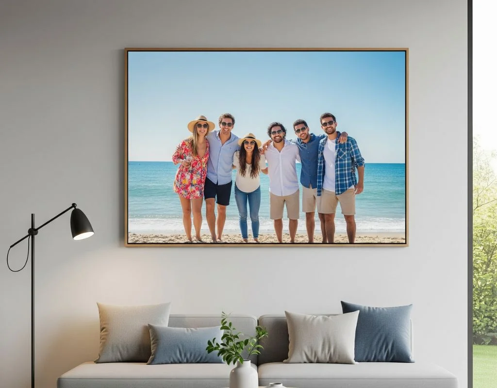 Friends smiling on a beach in a framed canvas print hanging above a sofa in a modern living room by CanvasJet