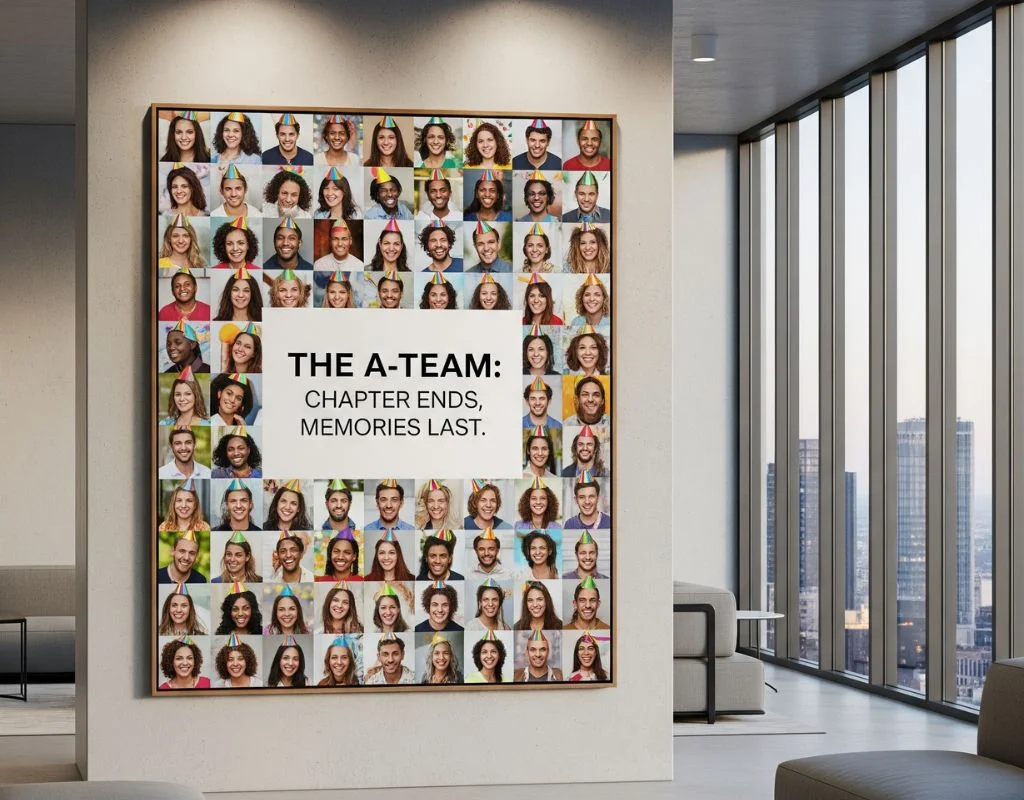 Large office collage with THE A-TEAM CHAPTER ENDS MEMORIES LAST and team photos in modern lounge by CanvasJet