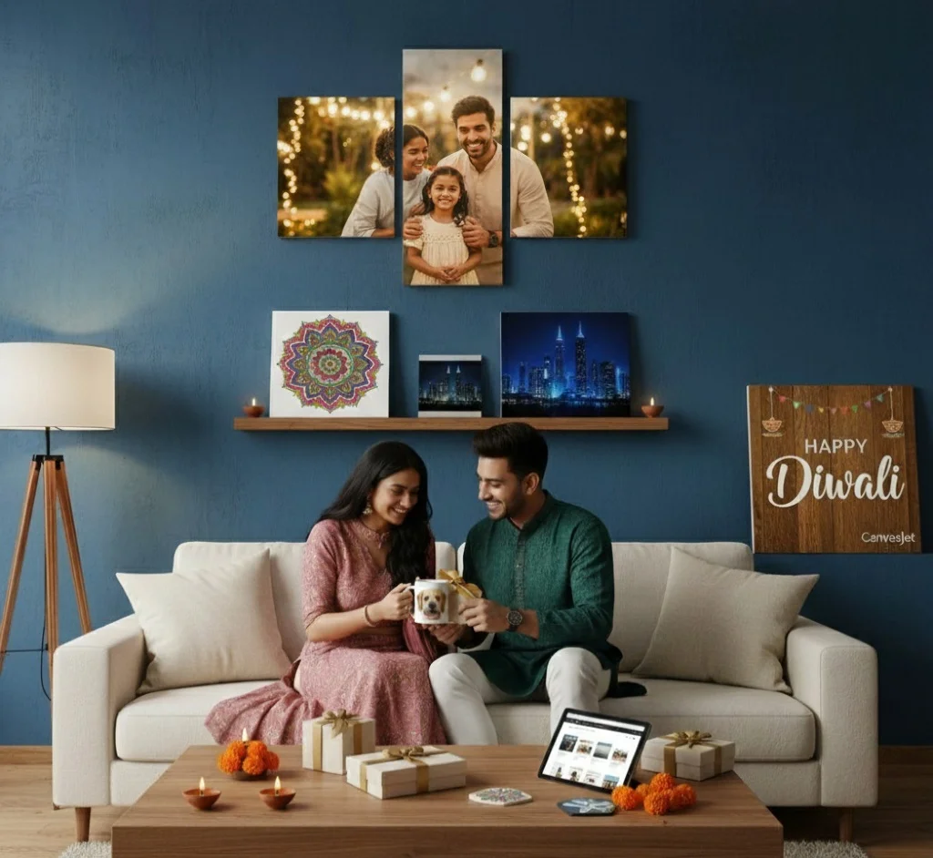 A couple exchanges personalized Diwali gifts mug in a modern living room featuring a four-panel split canvas print rangoli canvas and a wooden Diwali sign by CanvasJet - CanvasJet.com A couple exchanges personalized Diwali gifts mug in a modern living room featuring a four-panel split canvas print rangoli canvas and a wooden Diwali sign by CanvasJet