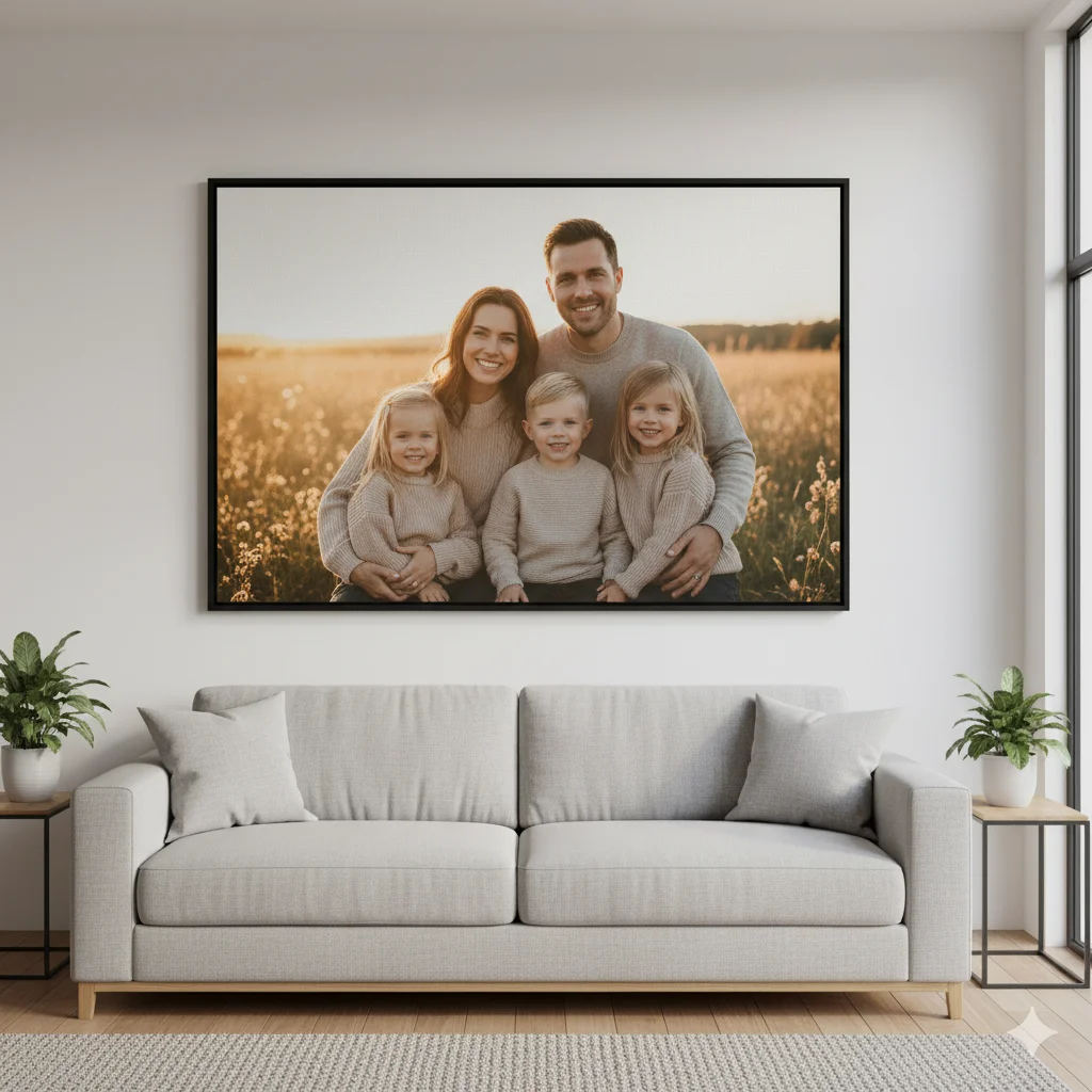 A large canvas print featuring a smiling family of five in a sunny field at sunset positioned above a modern living room sofa