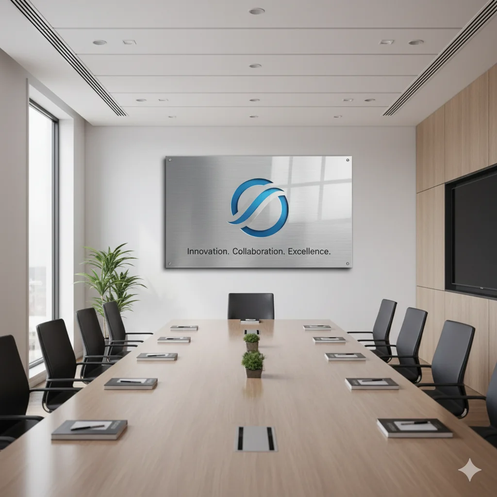 A modern corporate conference room with a sleek metal print displaying a company logo and a motivational slogan on the wall