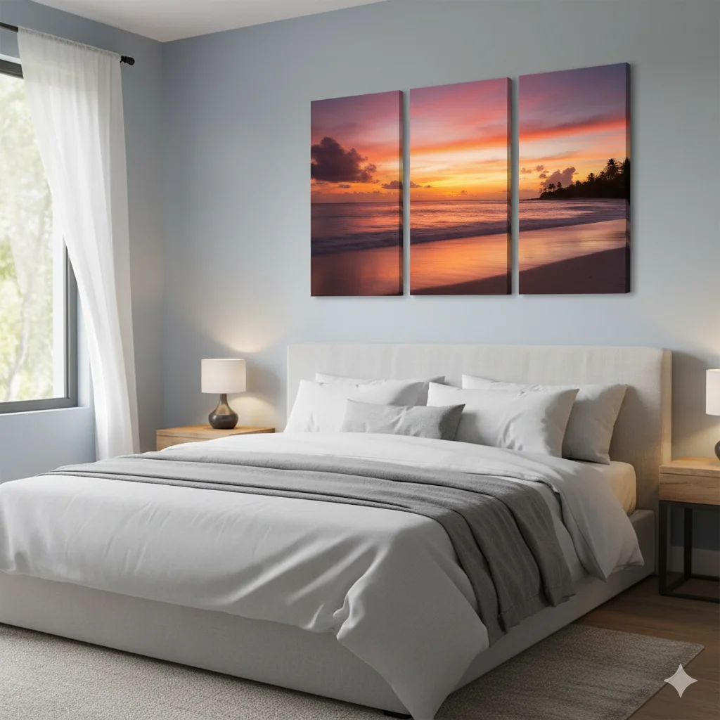 A serene bedroom featuring a multi-panel split canvas print of a vibrant beach sunset above the bed enhancing the romantic atmosphere