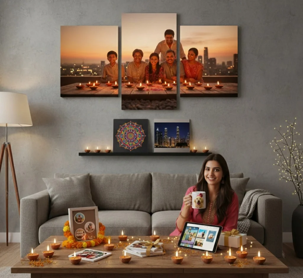 A woman holds a personalized mug in a Diwali-decorated room featuring a three-panel split canvas family photo and rangoli art from CanvasJet - CanvasJet.com A woman holds a personalized mug in a Diwali-decorated room, featuring a three-panel split canvas family photo and rangoli art from CanvasJet