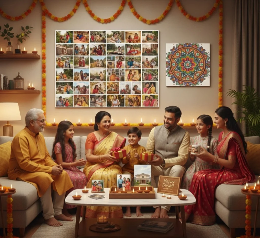 Diwali family scene with an Indian family exchanging personalized gifts below a large photo collage canvas and rangoli print by CanvasJet - CanvasJet.com Diwali family scene with an Indian family exchanging personalized gifts below a large photo collage canvas and rangoli print by CanvasJet