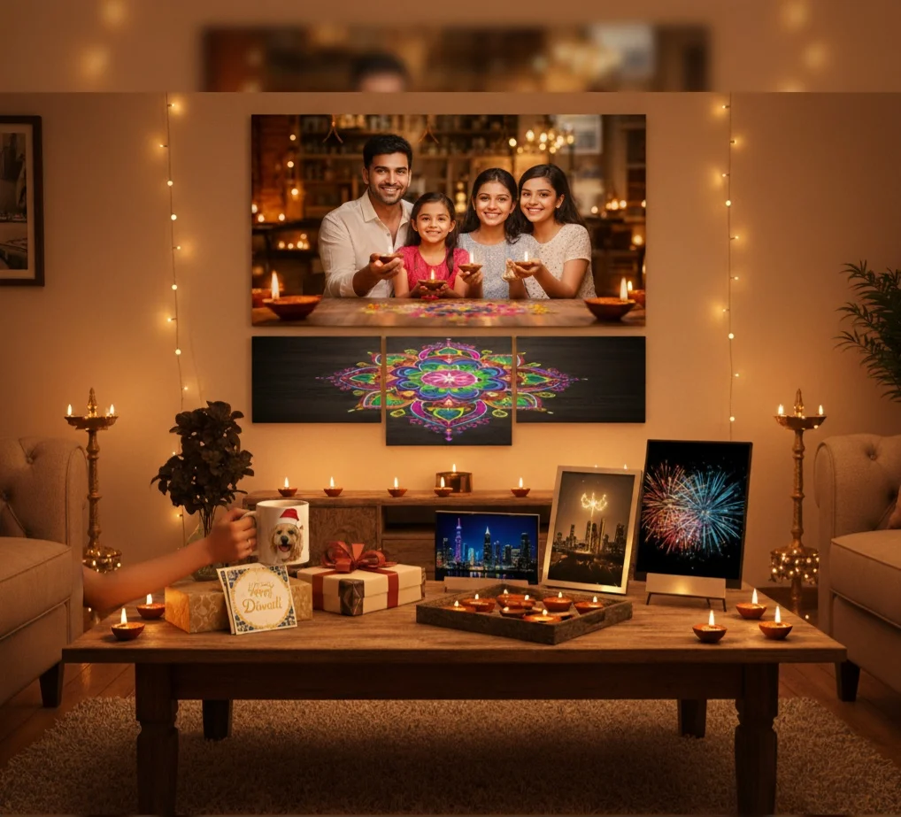 Diwali gifting ideas featuring elegant home decor — a large family photo canvas print above a rangoli art canvas, surrounded by personalized Diwali gifts from CanvasJet.
