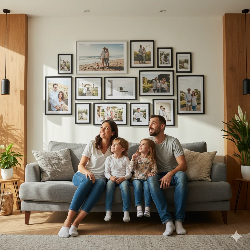 Family on sofa in living room with a personalized photo gallery wall display