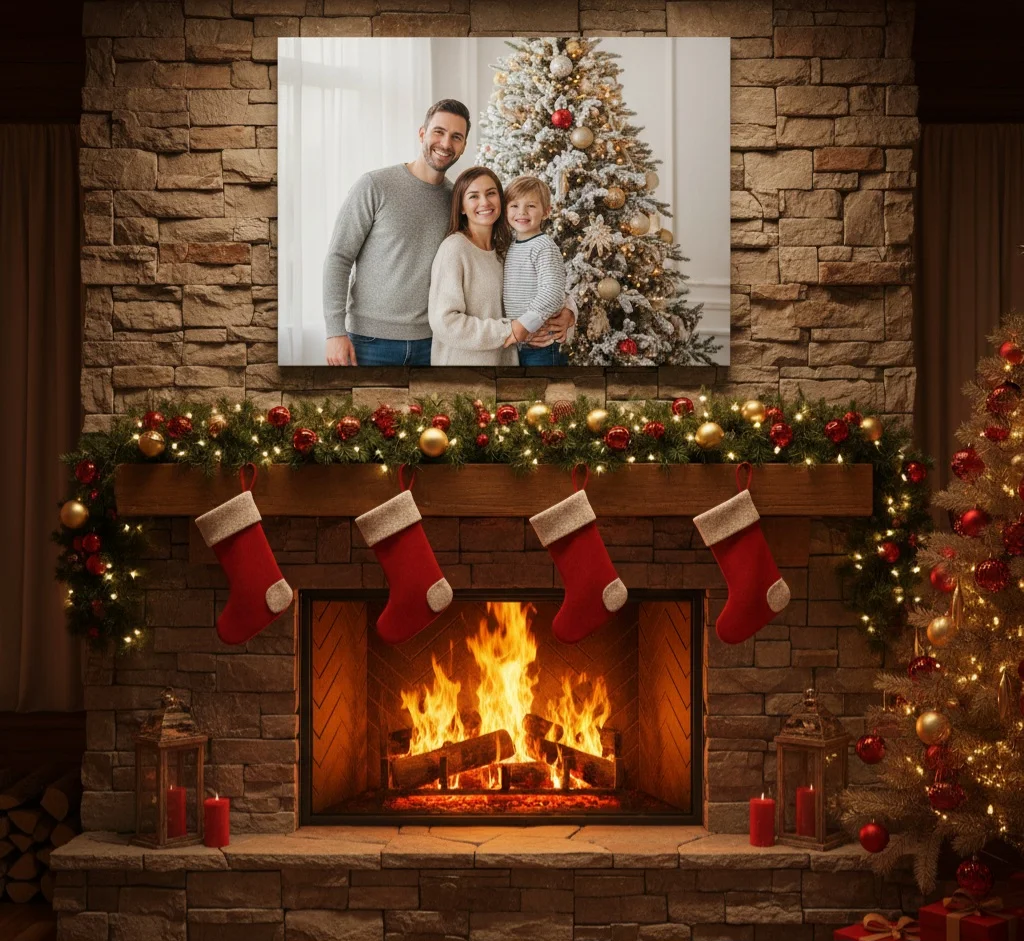 Family photo canvas print above a Christmas firepl - CanvasJet.com Family photo canvas print above a Christmas fireplace by CanvasJet