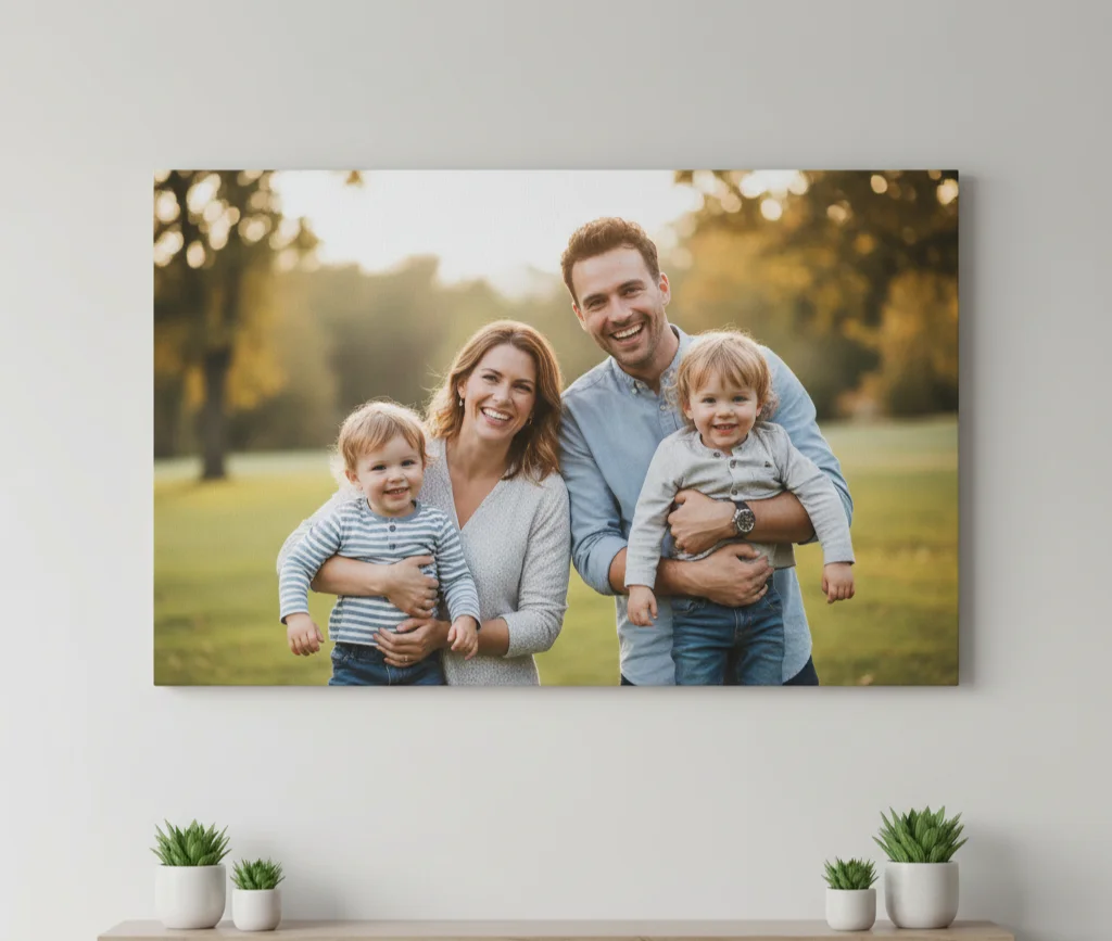 A family portrait as a custom canvas print with professional gallery-wrapped edges_