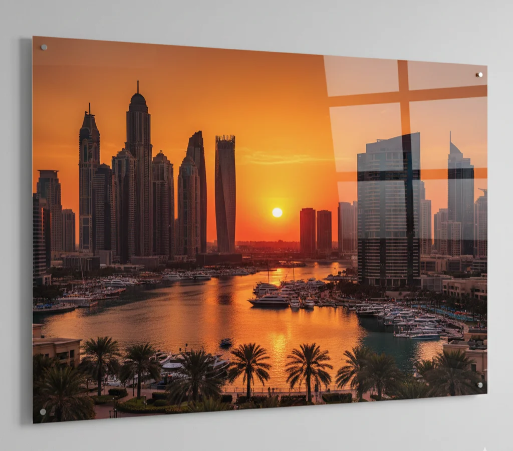 Modern acrylic wall art with a glossy finish showing a high-resolution sunset over Dubai Marina_