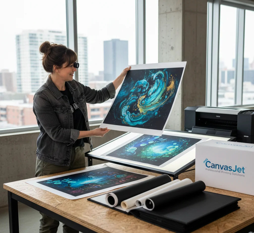 A digital artist reviewing gallery quality fine art prints produced by CanvasJet’s professional printing solutions.