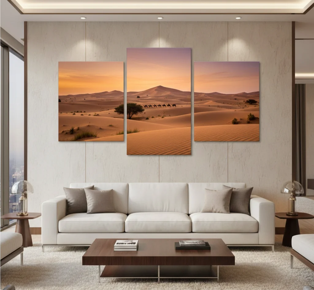 A three-panel split canvas wall display of a UAE desert landscape in a luxury living room - CanvasJet.com A three-panel split canvas wall display of a UAE desert landscape in a luxury living room