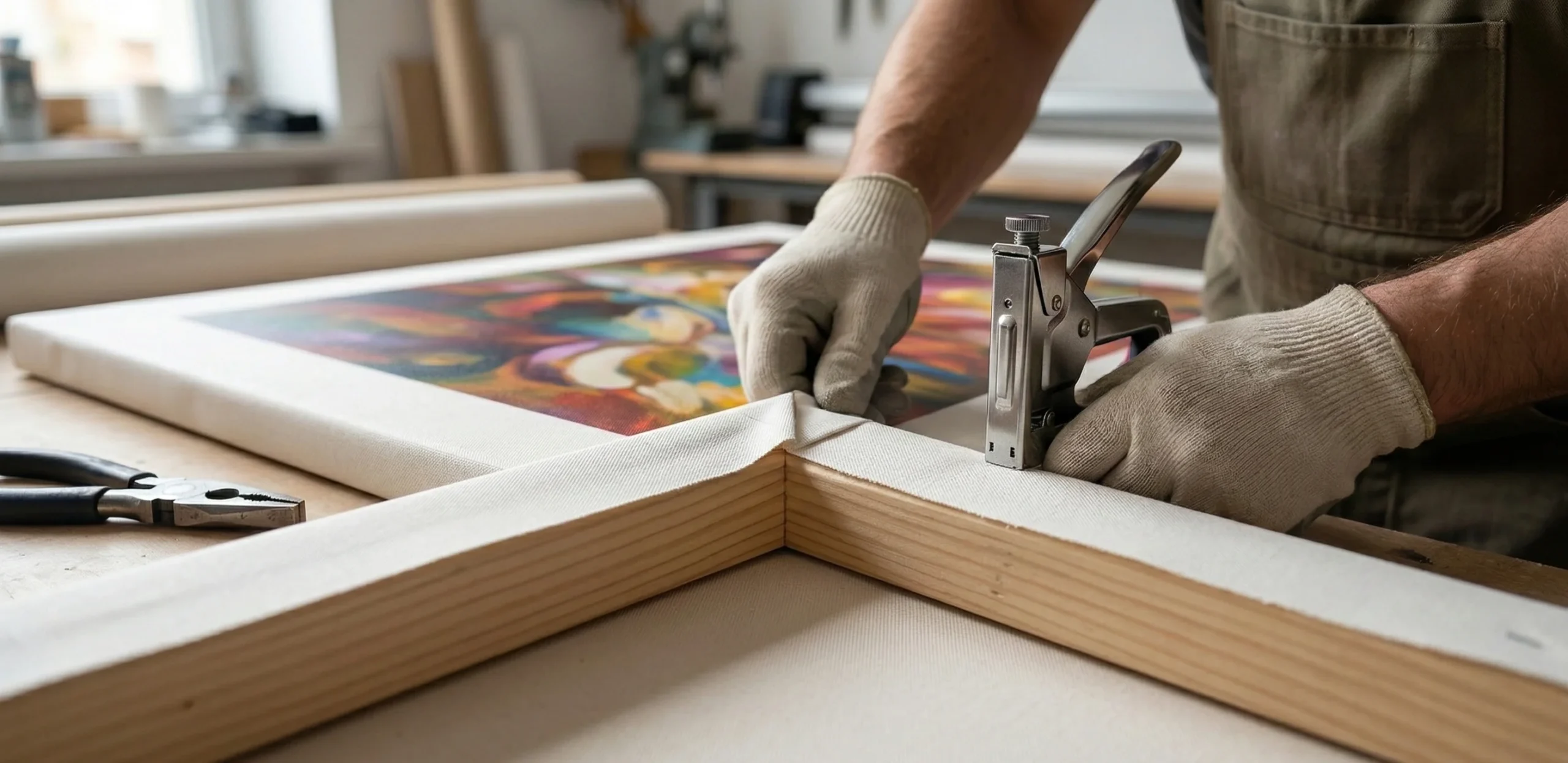 Close-up of professional framing and canvas stretching on a CanvasJet gallery wall piece - CanvasJet.com Close-up of professional framing and canvas stretching on a CanvasJet gallery wall piece