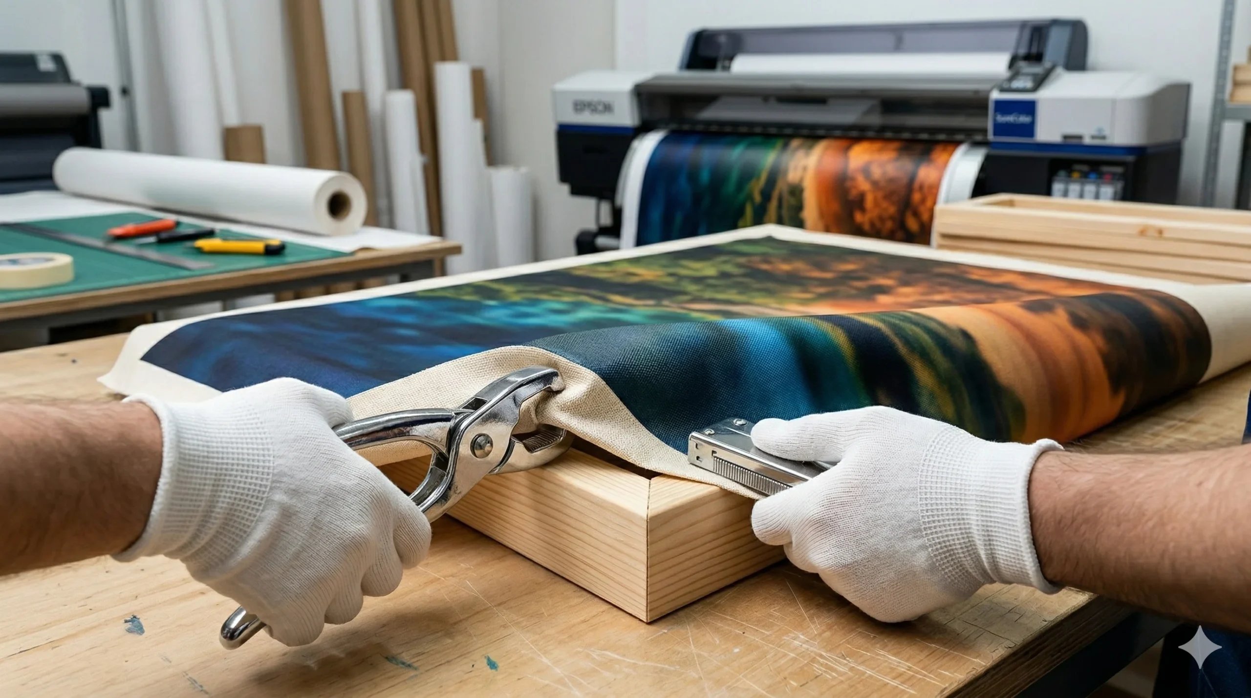 Craftsman stretching a canvas over a wooden frame - CanvasJet