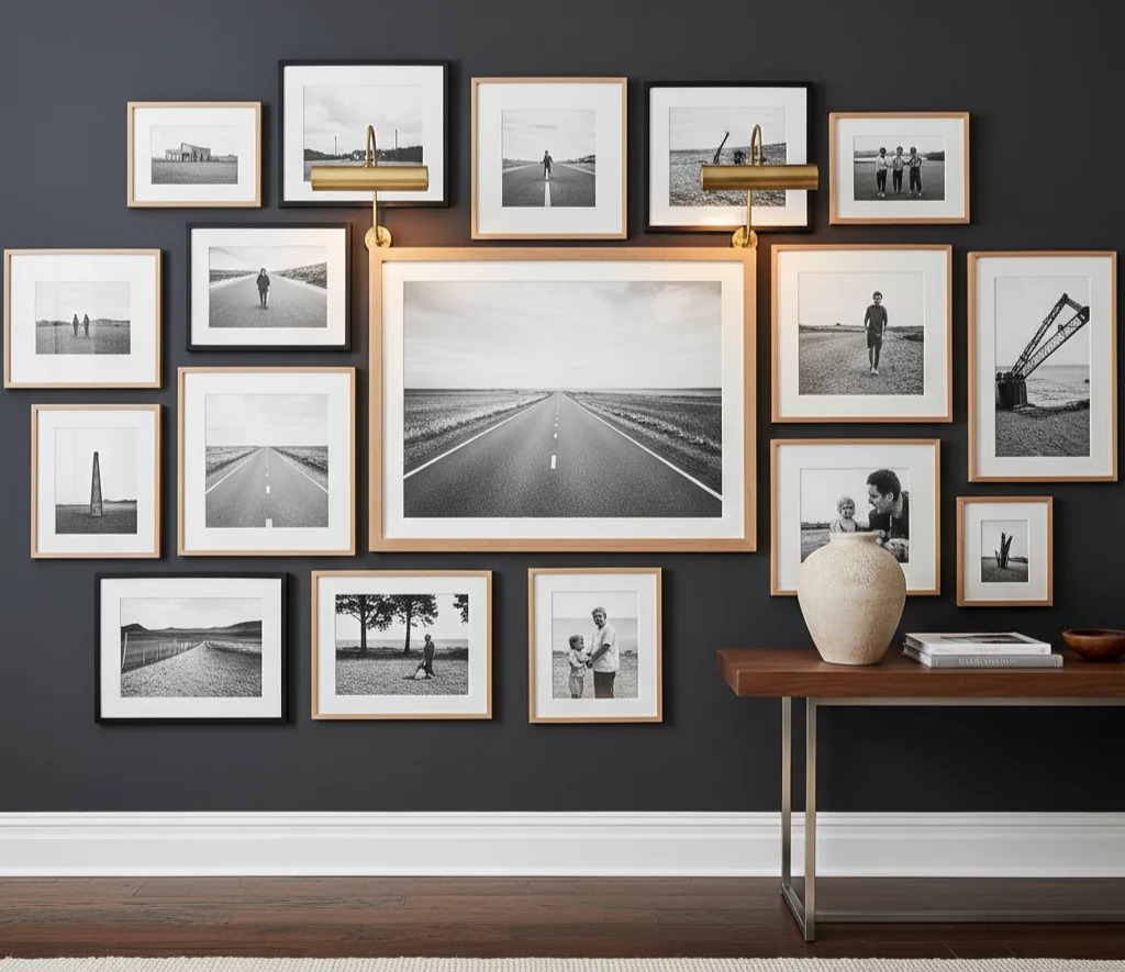 Designer-curated photo collage display on a hallway wall showing a high-end finish._ - CanvasJet.com Designer-curated photo collage display on a hallway wall showing a high-end finish._