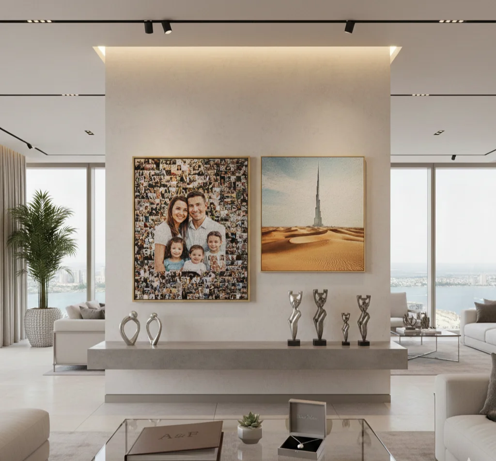 High-quality personalized gifts including a photo mosaic and canvas print in a modern Dubai home._