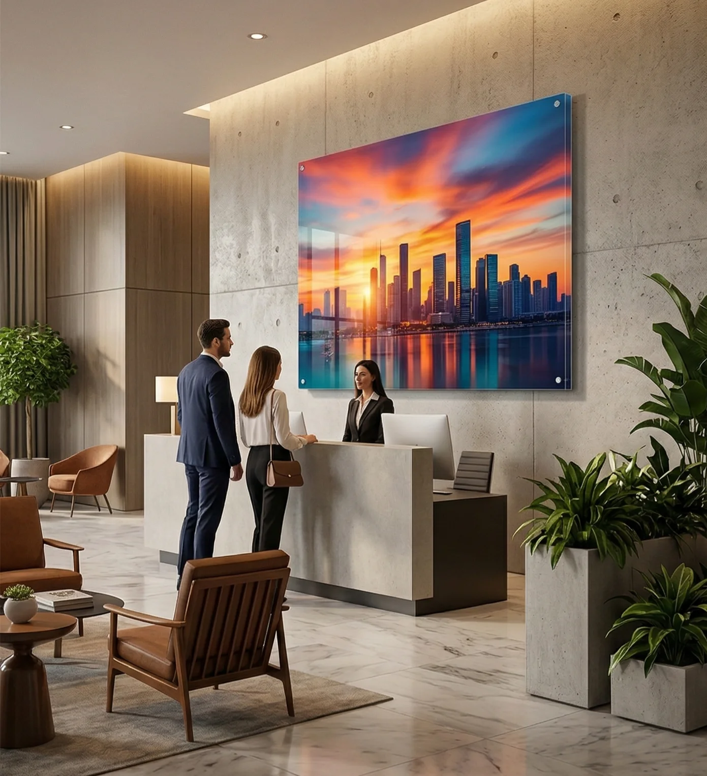 Hotel lobby with colorful acrylic cityscape print
