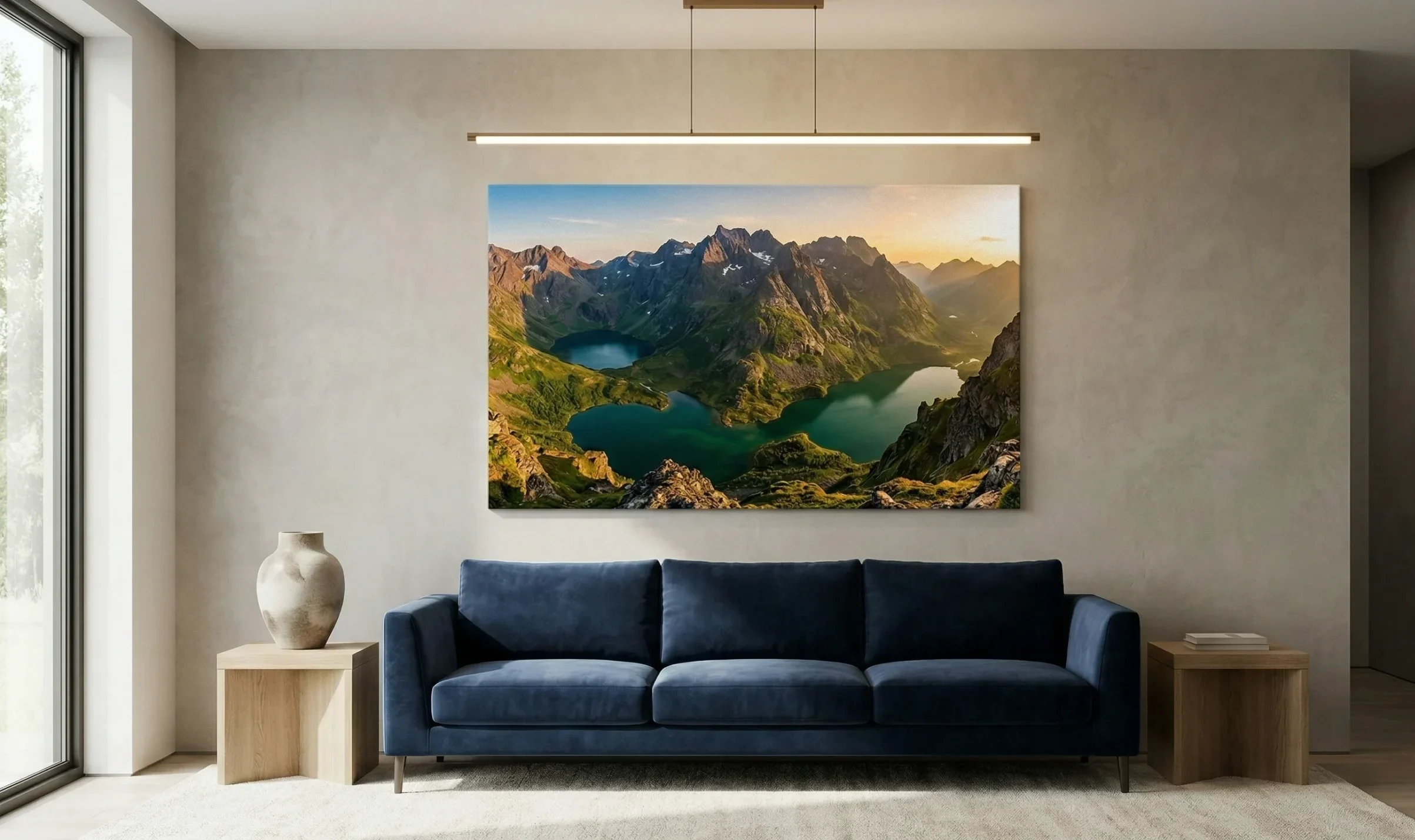 Large canvas print of a mountain landscape over a sofa
