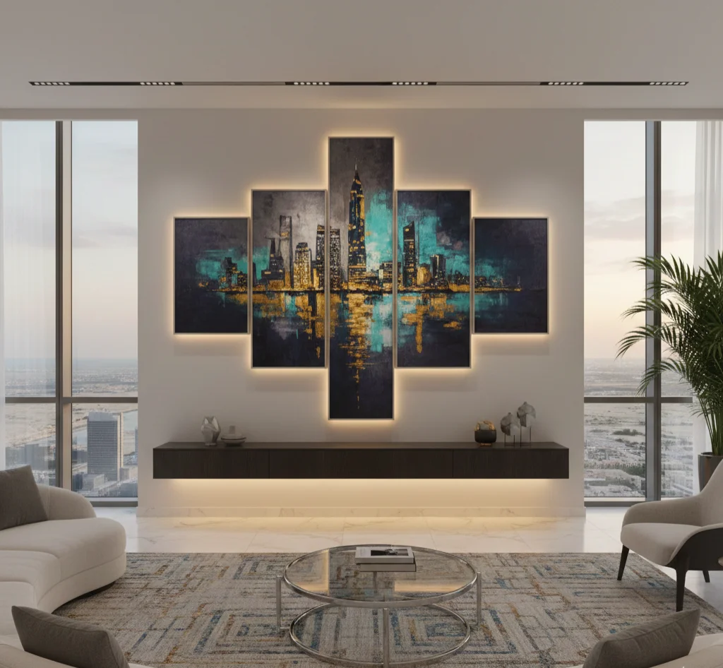 Large custom wall display featuring a multi-panel split canvas