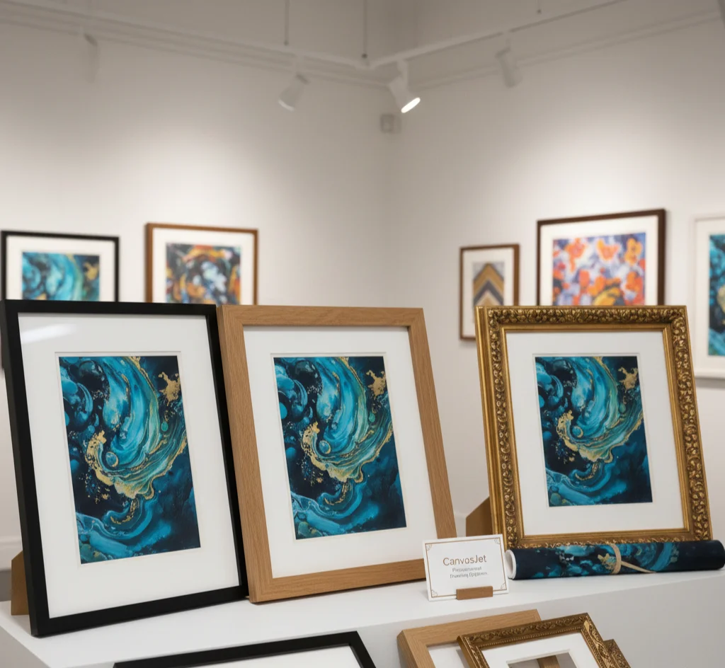 Selection of custom framing options for traditional artists looking to showcase their work in professional galleries.