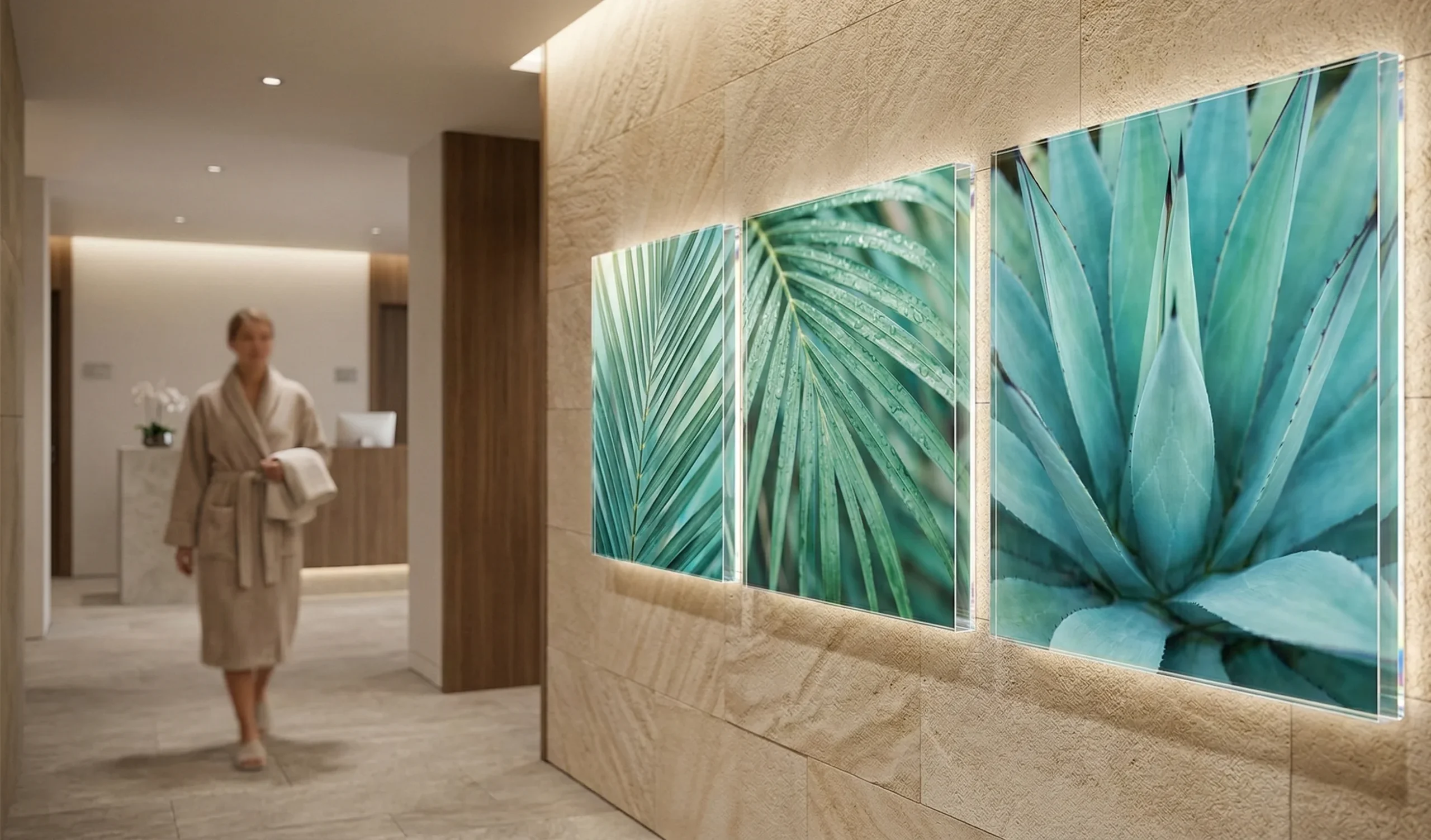 Spa corridor with back-lit botanical acrylic print