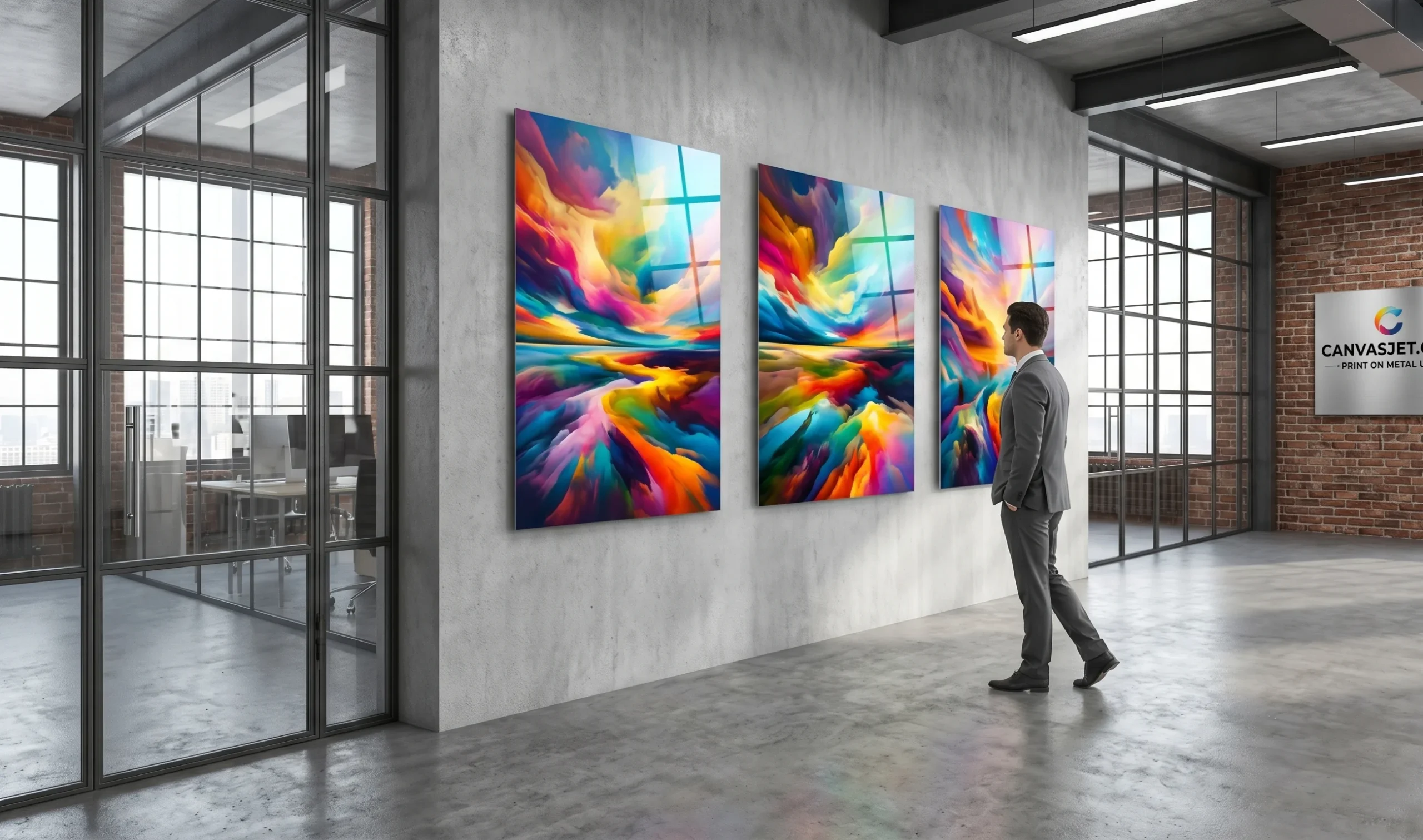 Businessman in a gray suit admires three vibrant abstract canvases on a concrete wall in a modern office gallery.