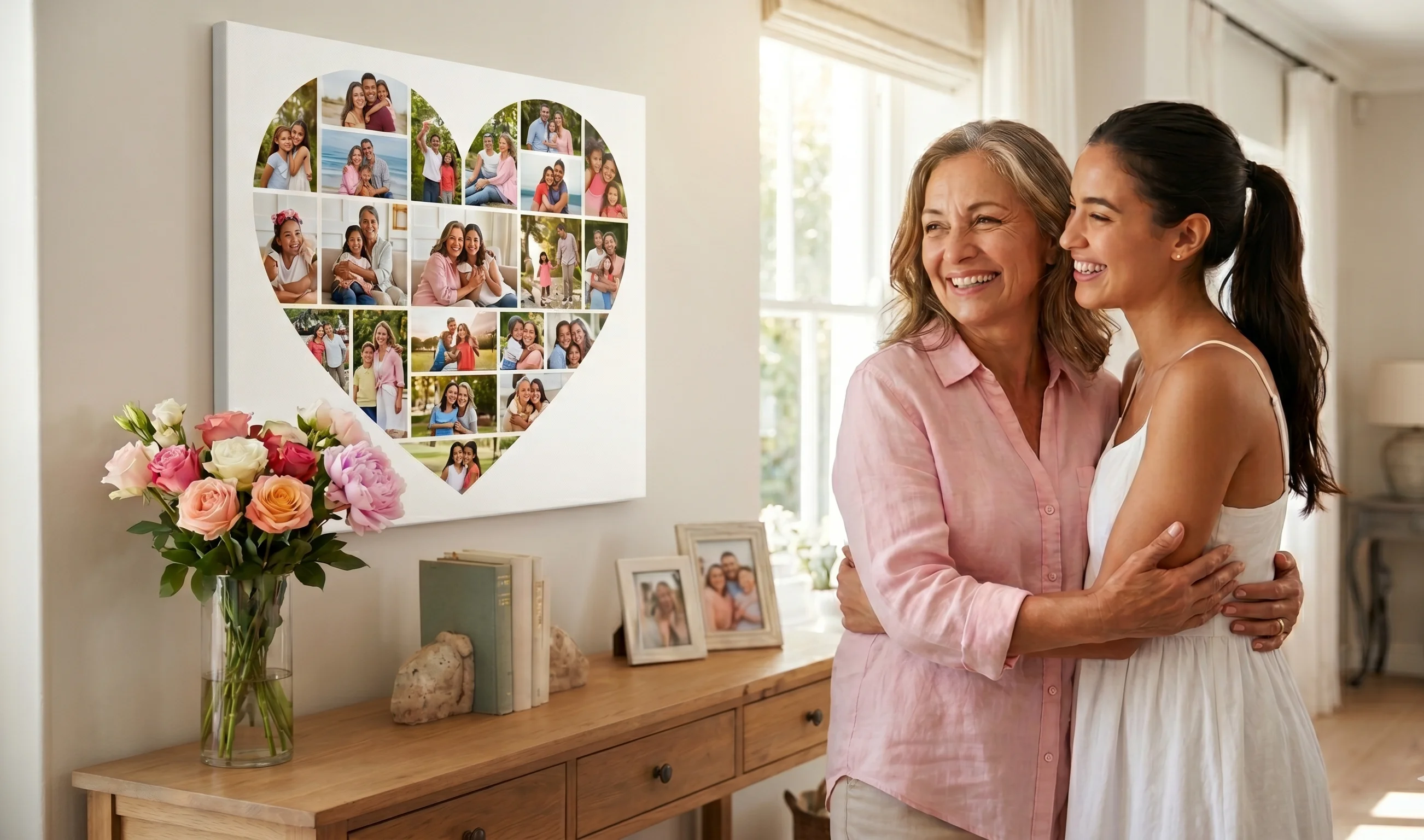 Two women smiling and hugging beside a heart-shaped collage made of small photos on the wall.
