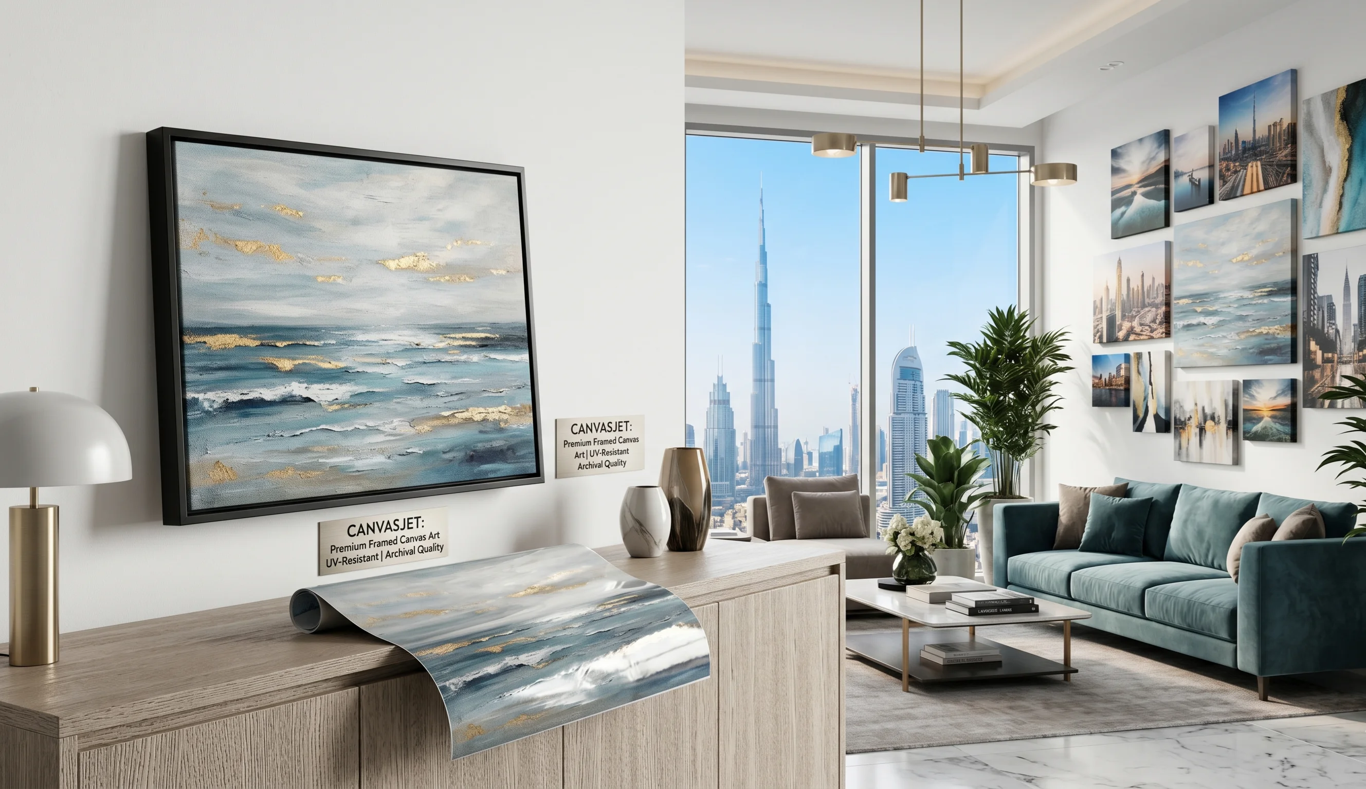 Premium framed canvas art in a luxury Dubai penthouse with a skyline view - CanvasJet.com Framing Services in Dubai by CanvasJet