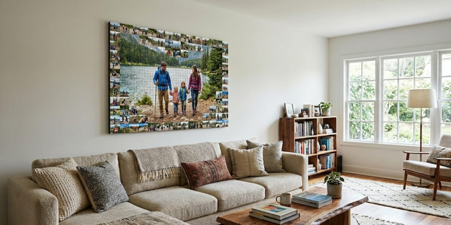 Cozy living room with a beige sectional sofa and a large collage photo of a family by a lake above the couch.
