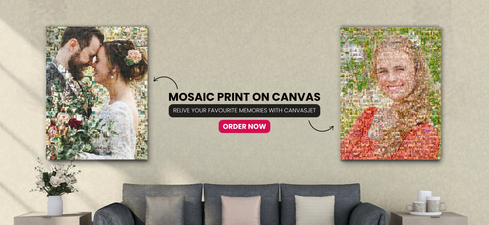 Advertising banner promoting Mosaic Print on Canvas with mosaic portraits of a couple and a smiling woman, and an 'Order Now' button poster in the center.