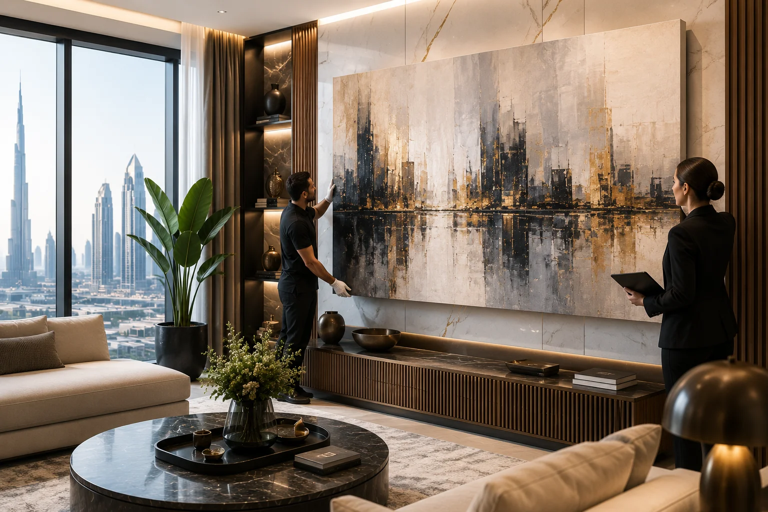 Custom Canvas Stretching in a luxury Dubai interior.