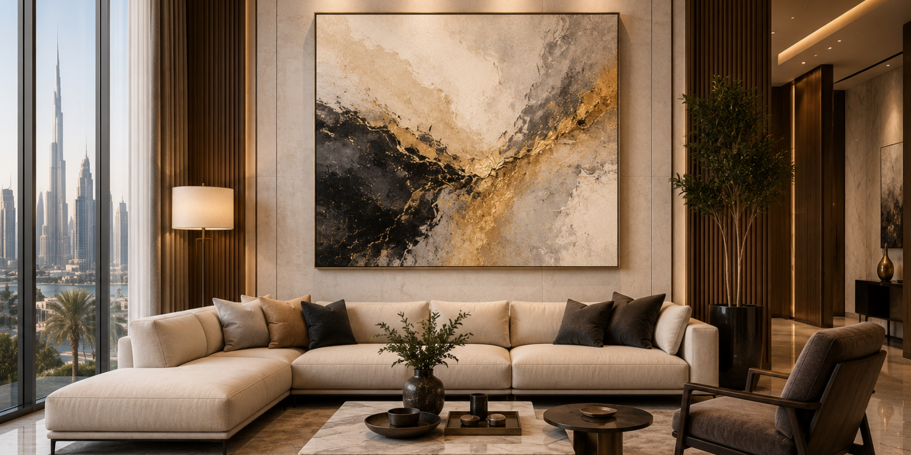 Custom canvas wall art displayed in a luxury hotel lobby in Dubai by CanvasJet - CanvasJet.com Custom canvas wall art displayed in a luxury hotel lobby in Dubai by CanvasJet