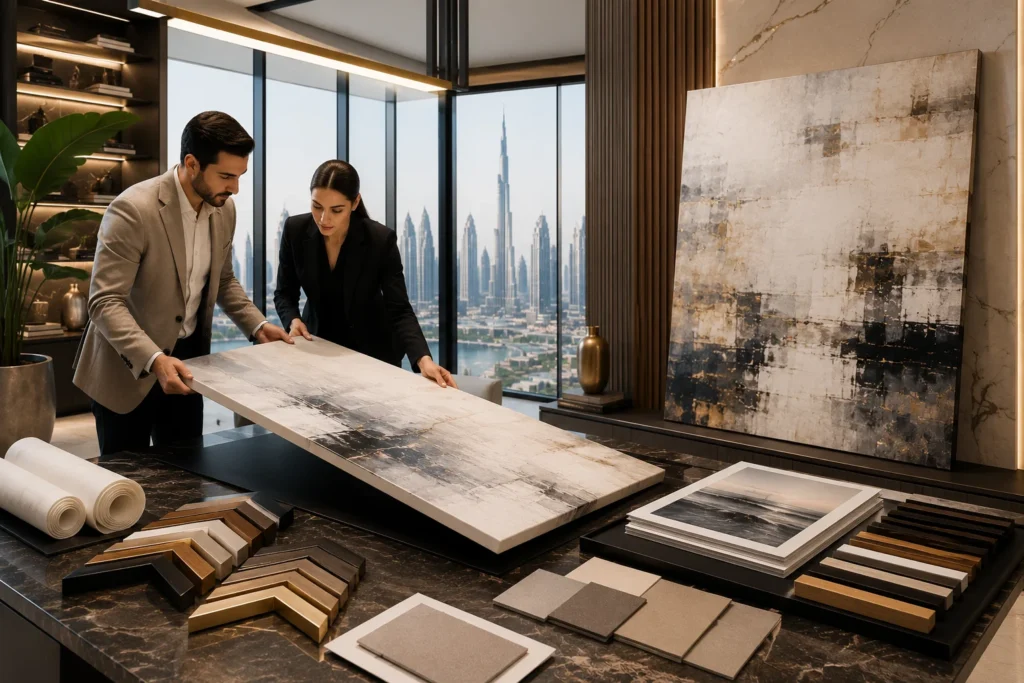 Interior designers reviewing premium canvas prints in Dubai.