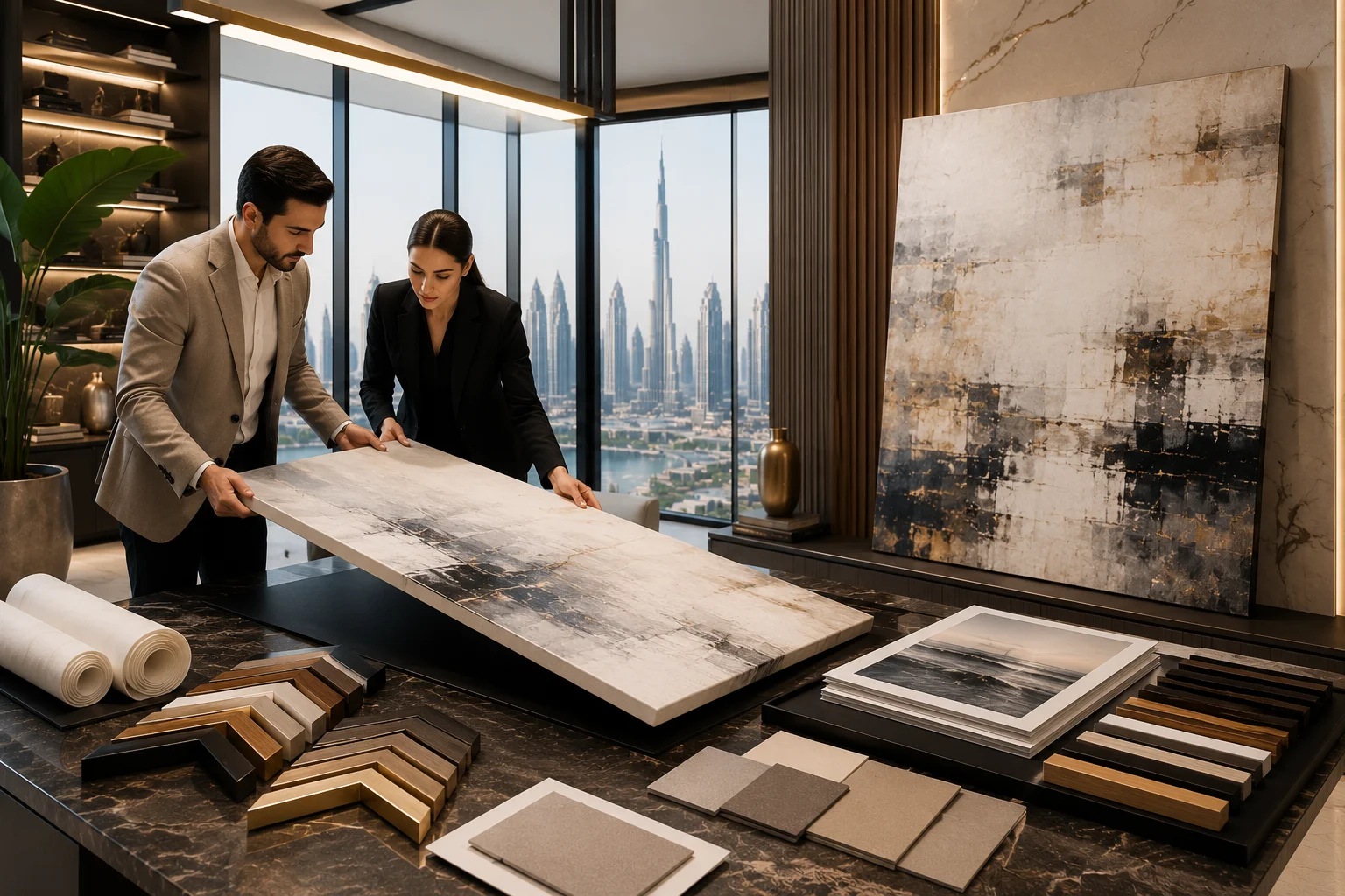 Interior designers reviewing premium canvas prints in Dubai.