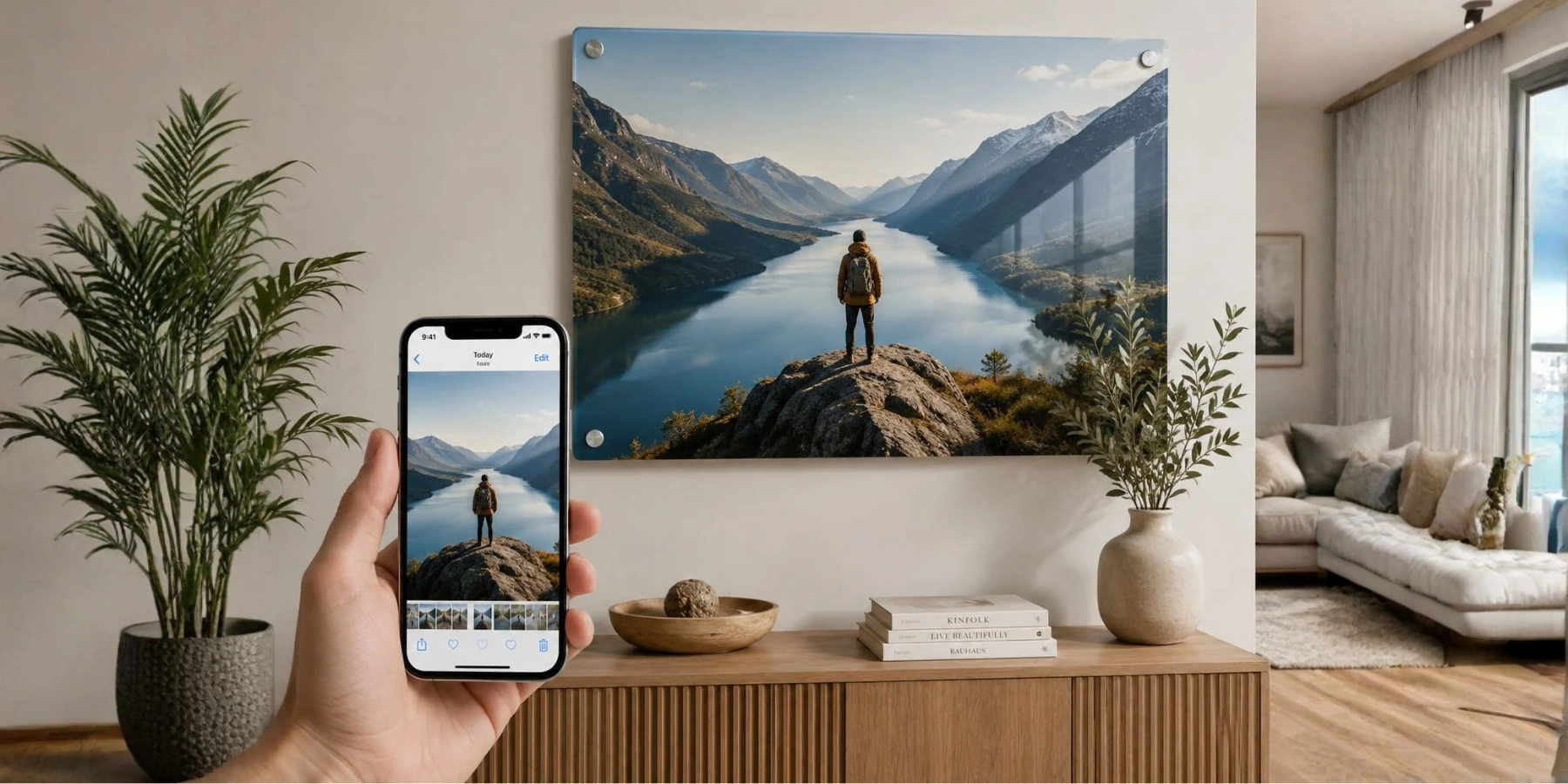 Acrylic photo print created from a smartphone photograph - CanvasJet.com - CanvasJet.com Living room with a large wall art of mountains and a lake; a hand holds a phone showing the same image mirrored on the screen.
